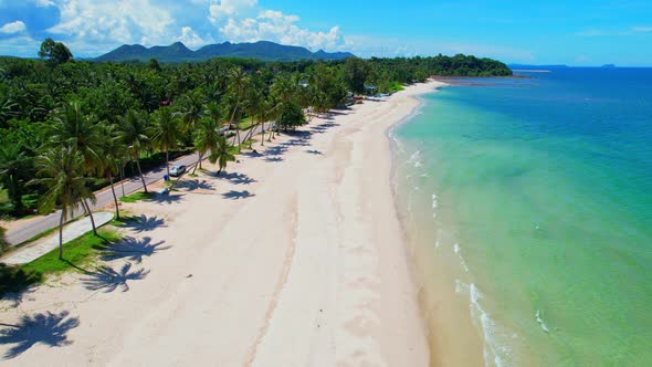 Drone flying at the tropical white beach with coconut trees alt