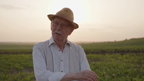 Close Up View of a Old Man in Glasses and Straw Hat alt