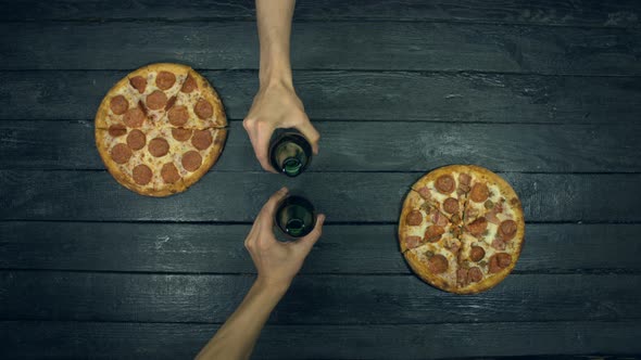 Beer, Pepperoni and Meat Pizza on Ecological Black Background