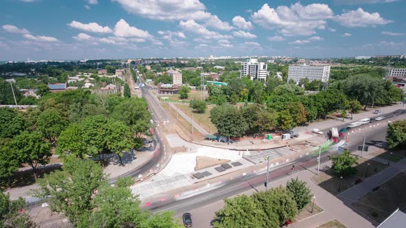 Road Construction Site with Tram Tracks Repair and Maintenance Aerial Timelapse alt