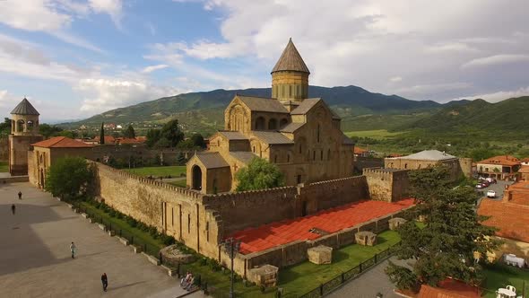 Aerial Footage of Svetitskhoveli Cathedral, North of Tbilisi, Tourism in Georgia alt