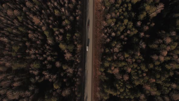 Highway road with traffic cars between autumn forest in Ural alt