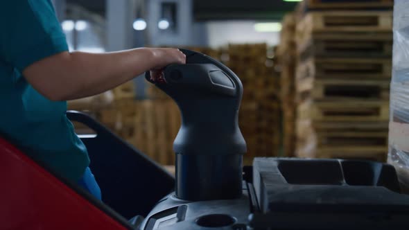 Worker Driving Warehouse Machine Transporting Export Supply Pallets Managing alt