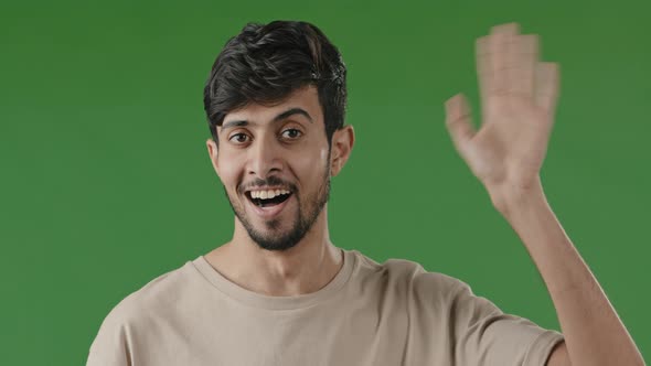 Indian Cheerful Man Say Hi Greeting Waves Male Hand Friendly Arab Hispanic Guy Handsome Boyfriend alt