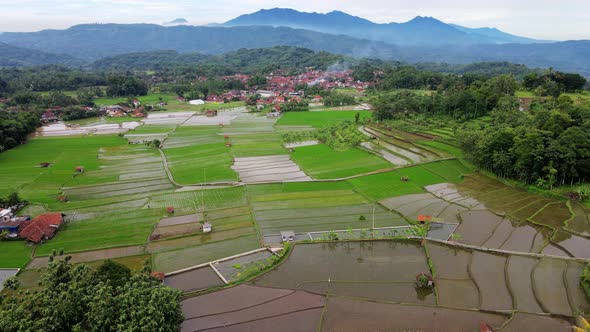 Aerial landscape with the expanse of rice fields, settlements and hills in Sumedang, West Java