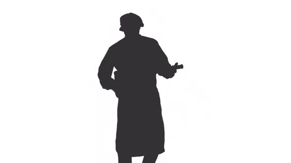 Black And White Silhouette Of Man In Funny Costume Imitating Playing Guitar