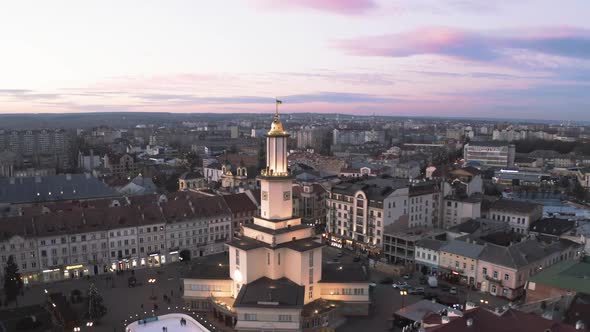 Aerial Sunset View of the Center of Ivano Frankivsk City in the Evening, Ukraine, Old Historical
