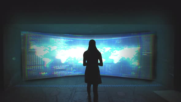 Female Silhouette Walking to Large Modern Screen with World Map and Scrolled Information alt