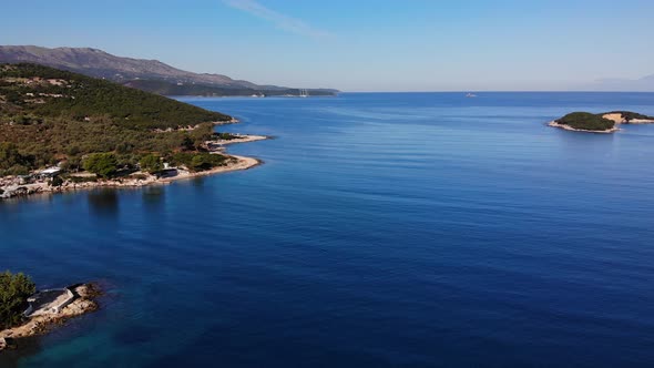 Flying Drone Over One of the Most Beautiful Beaches of Albania, Ksamil Beach, Albania