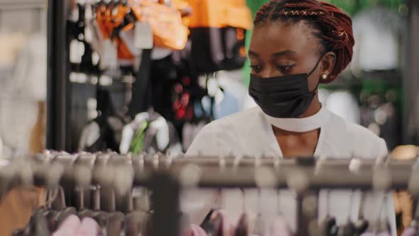 Close Up African American Woman Shopper Consumer Store Client Girl Female Wearing Medical Mask alt