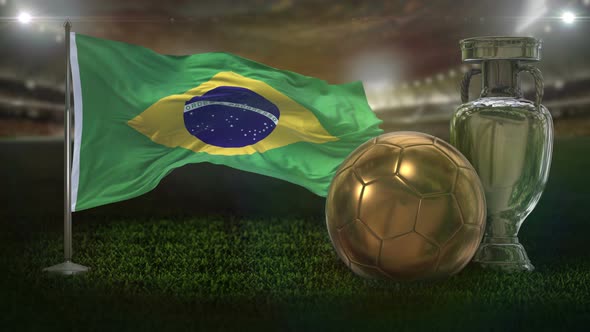 Brazil Flag With Football And Cup Background Loop alt