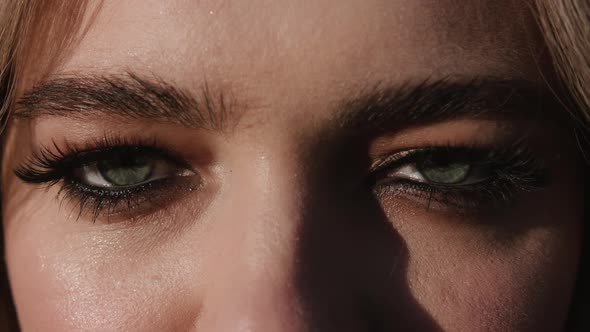 Close Up of Woman s Face, Girl Opening Her Beautiful Blue Azzure Eyes, Attractive Ginger. Natural alt