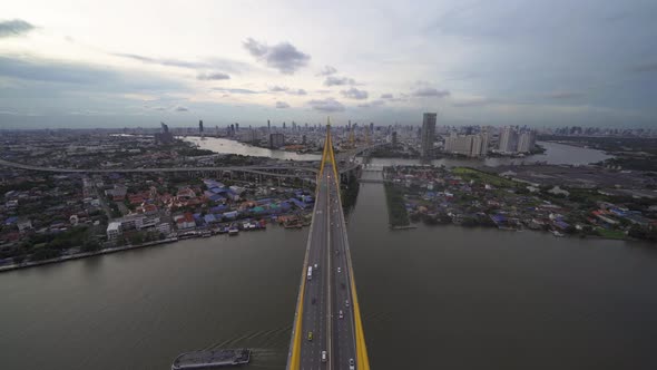 Aerial view of Bhumibol Bridge and Chao Phraya River in structure