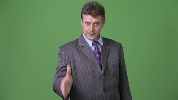 Mature Handsome Businessman Against Green Background alt