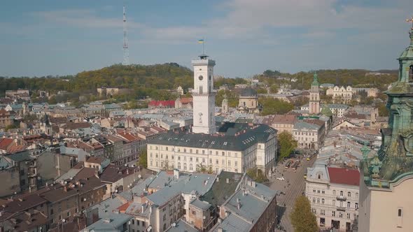 Aerial City Lviv, Ukraine. European City. Popular Areas of the City. Town Hall alt