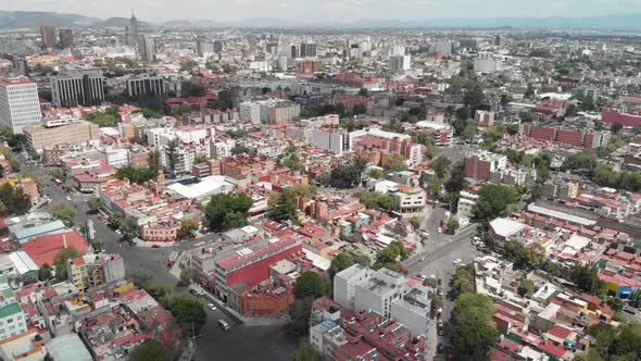 Aerial view of Colonia Doctores, a neighborhood near General Hospital, in Mexico City. Drone flying alt