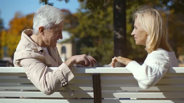 Back View of Happy Senior Couple Holding Hands and Sitting on Bench in Park alt