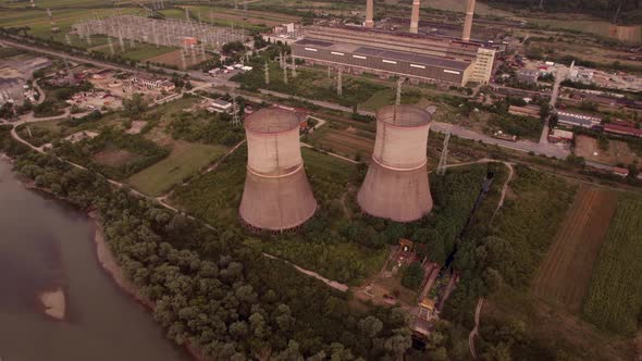 Aerial view of disaffected coal power plant, at sunset