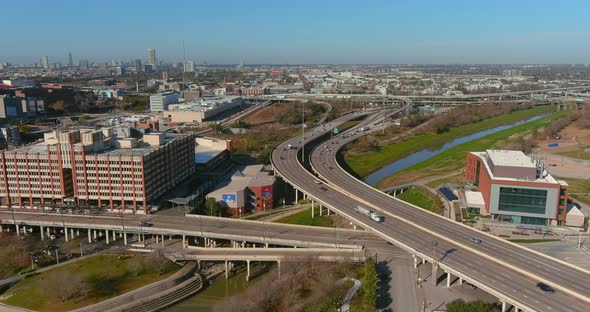 Drone view of cars on I-10 freeway near downtown Houston alt