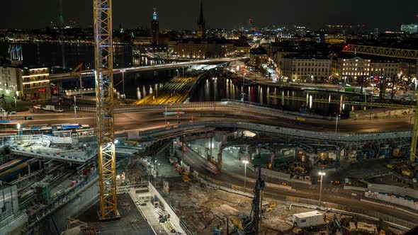 Stockholm City Skyline Time Lapse At Night Construction Zone