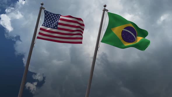 Waving Flags Of The United States And The Brazil 4K alt