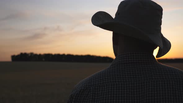 Young Farmer Stands in Wheat Field and Looks at Golden Plantation. Male Agronomist Examines Barley alt
