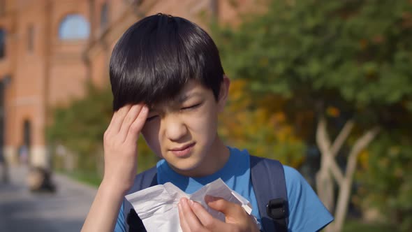 Portrait of Asian Schoolboy Sneezing Into Paper Tissue Standing Outdoors alt