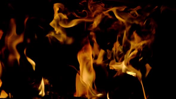 Tongues of Flame Dance in Fireplace on Black Background alt