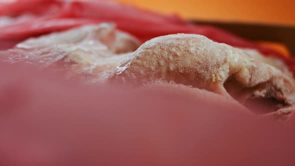 Closeup View of Hands in Gloves Packing Chicken Legs From a Box Into Individual Plastic Bags alt