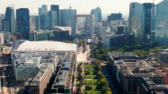 Aerial View of Business District La Defense in Paris Downtown with Skyscrapers