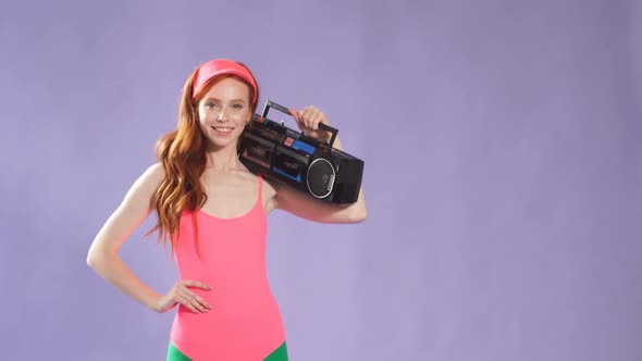 Red-haired Girl with Lovely Freckles, Holding Portable Cassette Player on Her Shoulder alt