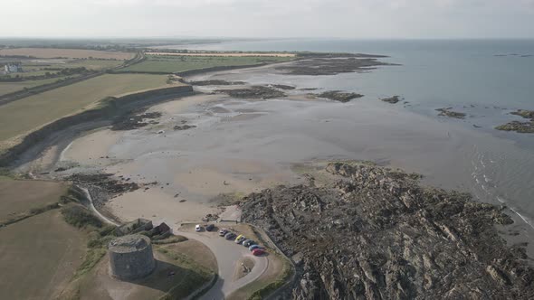 Heritage Buildings At Bandstand Playground With Rocky Coast And Beach Near Balbriggan In Dublin, Ire alt