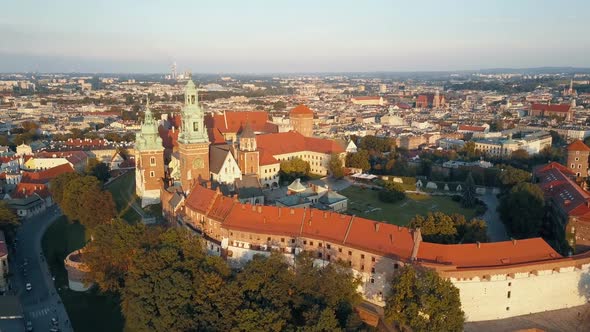 Aerial View of Royal Wawel Cathedral and Castle in Krakow, Poland, with Vistula River, Park, Yard alt