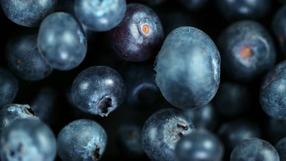 Super Slow Motion Shot of Flying and Rotating Fresh Blueberries at ...