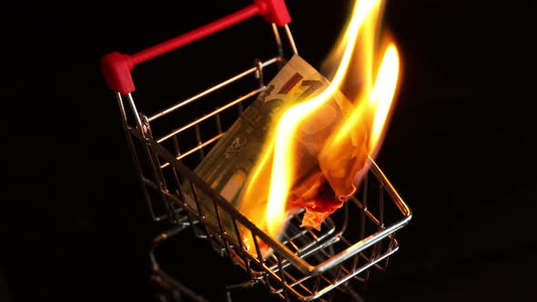 Euro Burn in a Basket From the Supermarket on a Black Background