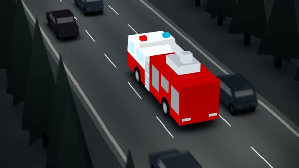 A busy highway. The fire truck with the flashing lights on the emergency call alt