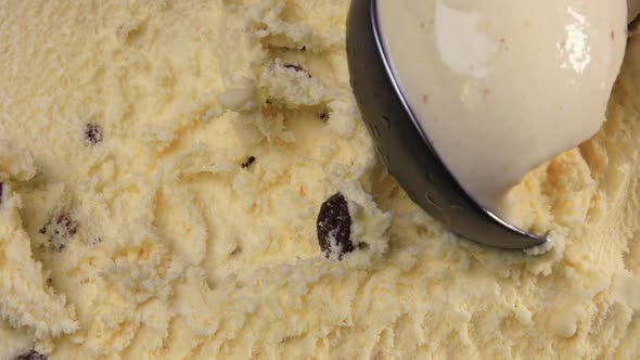 Top View of Vanilla Flavour Ice Cream with Raisins and Scoop 