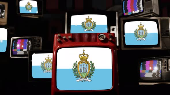 Flag of San Marino on Retro TVs. 4K.