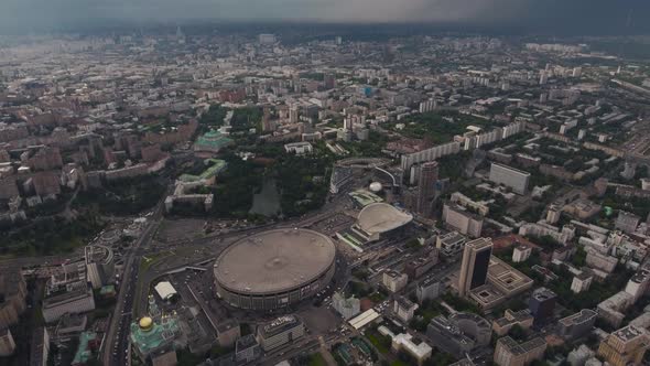Olympic Stadium, Prospekt Mira, Moscow Streets and Roads with Car Traffic. Aeria Dron alt