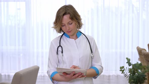 Smiling Female Doctor Writing Down Patient Symptoms During Consultation in Clinic alt