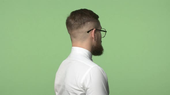 Slowmotion Handsome Male Entrepreneur Confident Man in Glasses Made New Haircut Barber Stand Back to alt
