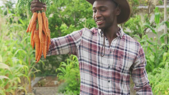African American man showing carrots at the camera alt