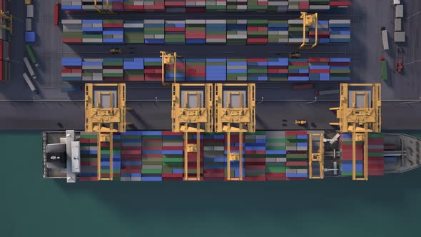 A modern industrial port with containers with a view from above