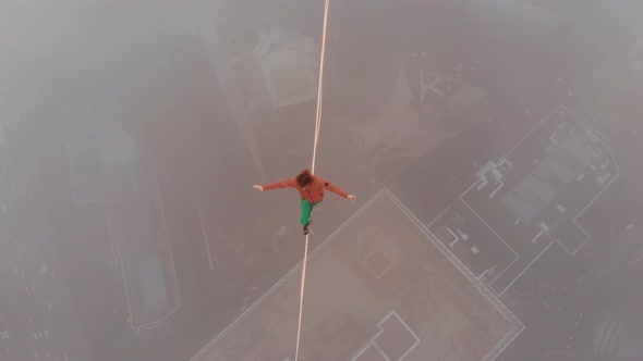 Slackline World Record in Moscow, Guinness World Record. A Man Balances on Tight Rope, a View of the