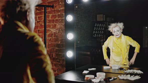 Angry Mime Looks at Reflection in Mirror in Dressing Room alt