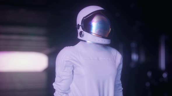 Portrait of the Futuristic Astronaut on the Spaceship Looking Around in Wonder alt