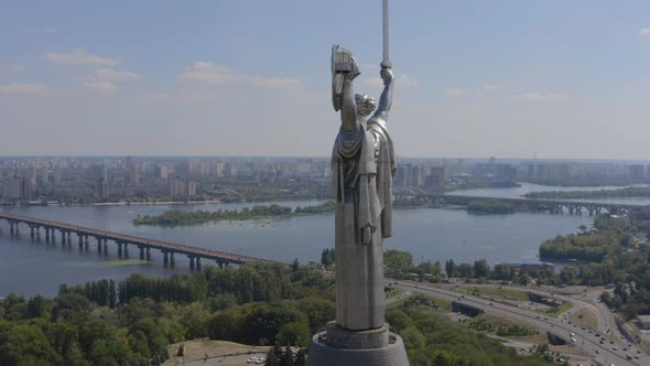 Aerial Top View of Kiev Motherland Statue Monument in Kyiv Ukraine alt