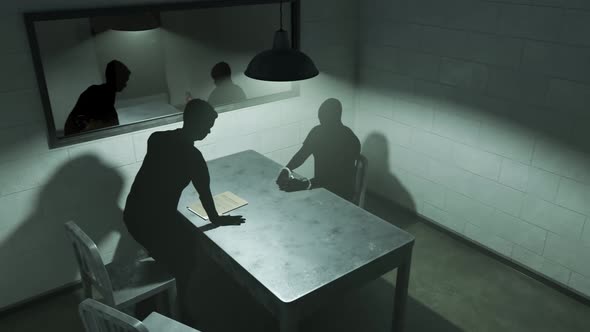 Interrogation room with dark silhouettes. Detective interrogates handcuffed man
