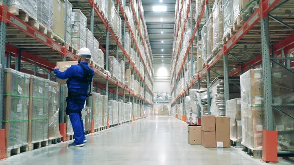 Stockhouse Worker in Ergoskeleton is Lifting Heavy Boxes alt