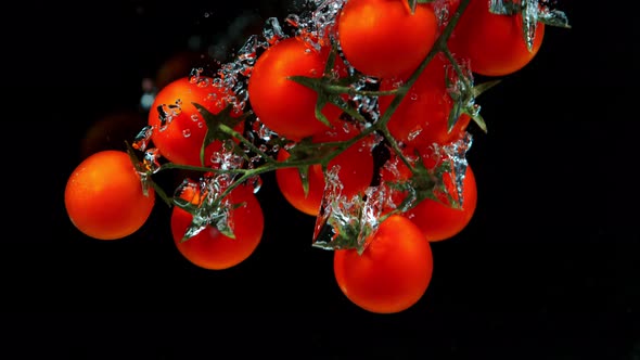 Super Slow Motion Shot of Falling Cherry Tomatoes Into Water at 1000Fps. alt